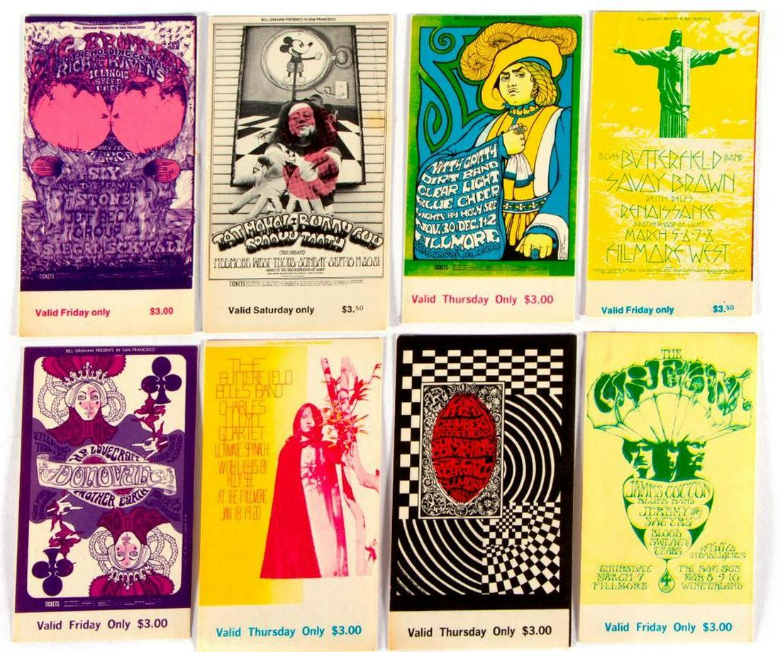 Unused tickets and backstage passes.: Eight unused tickets, backstage passes: Tajmahal, Donovan, Nitty Gritty Dirt Band, The Chambers Brothers, The Cream, etc. Condition: Good.