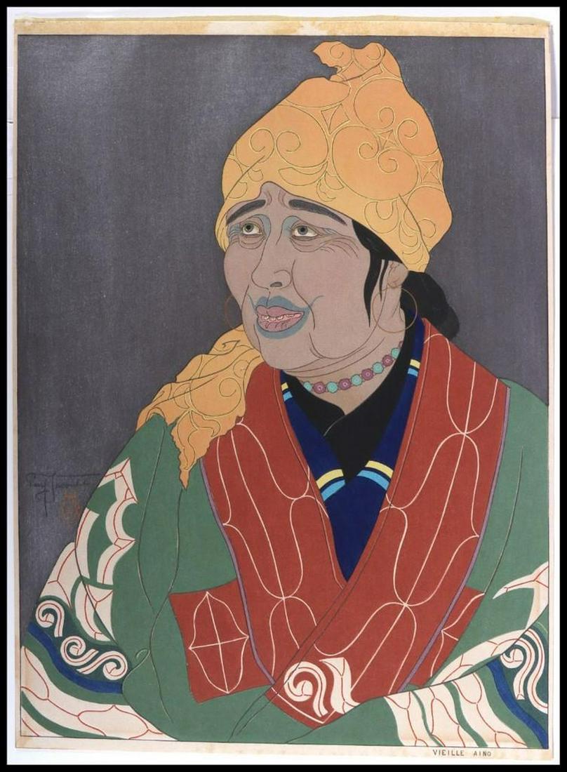 Paul JACOULET (1896-1960): Artist: Paul JACOULET (1896-1960). Title: Old Ainu Lady. Chikabumi. Hokkaido, Japan. Date: c.1950. Medium: Woodblock. Dimensions: 16 x 12 in. Condition: Paper toned, some matt burn, trimmed.