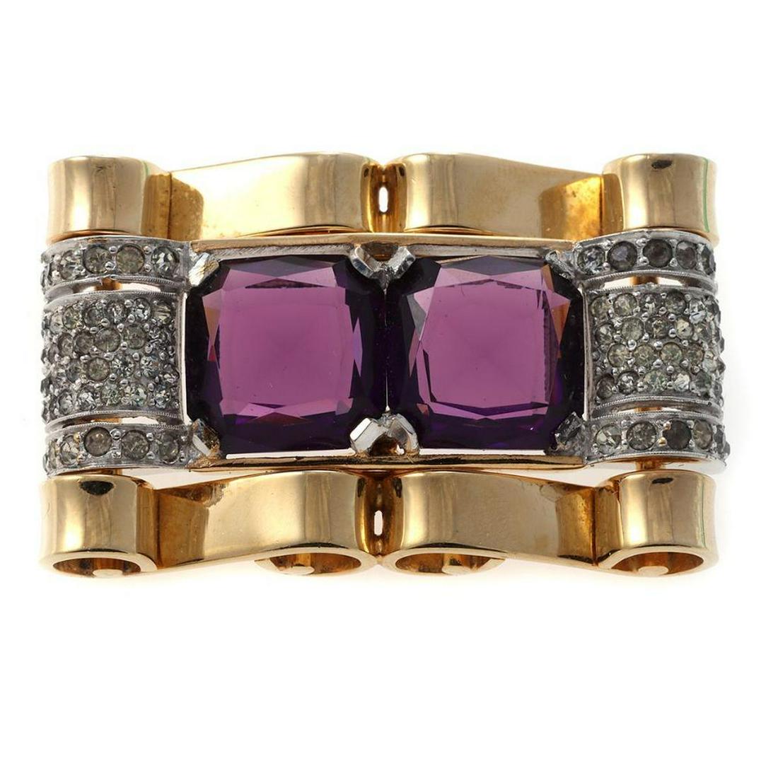 Joseph Mazer vintage retro rhinestone brooch: circa 1940's, double scroll design; measuring 2 x 1 1/4in. (good condition)