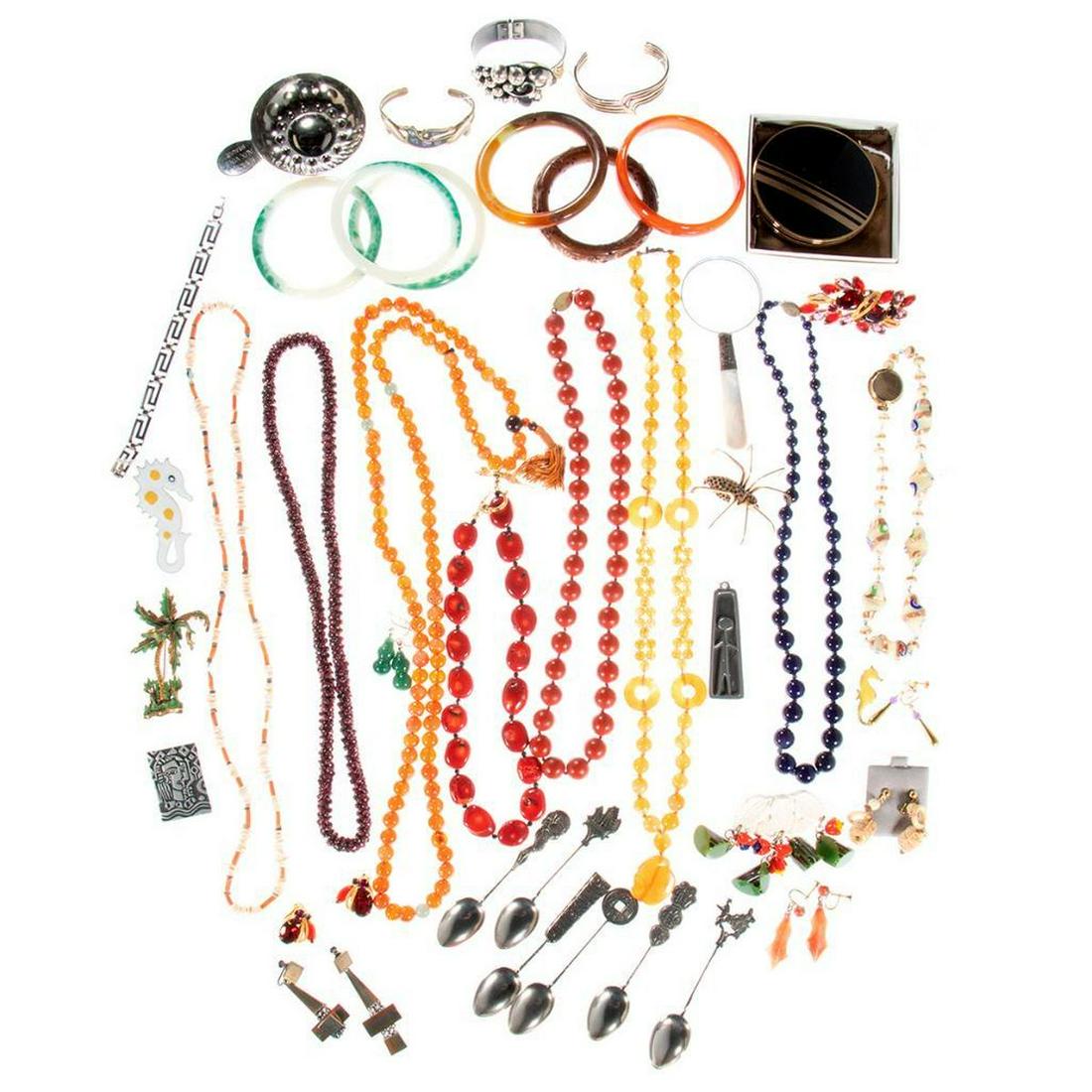 Collection of beaded, costume jewelry & accessories: including Peking glass, carnelian, cinnabar, stone, bone, shell; comprising 10 bracelets, 8 necklaces, 7 brooches, 6 pairs of earrings, 6 spoons, a pendant, magnifying glass, compact and sommelier cup