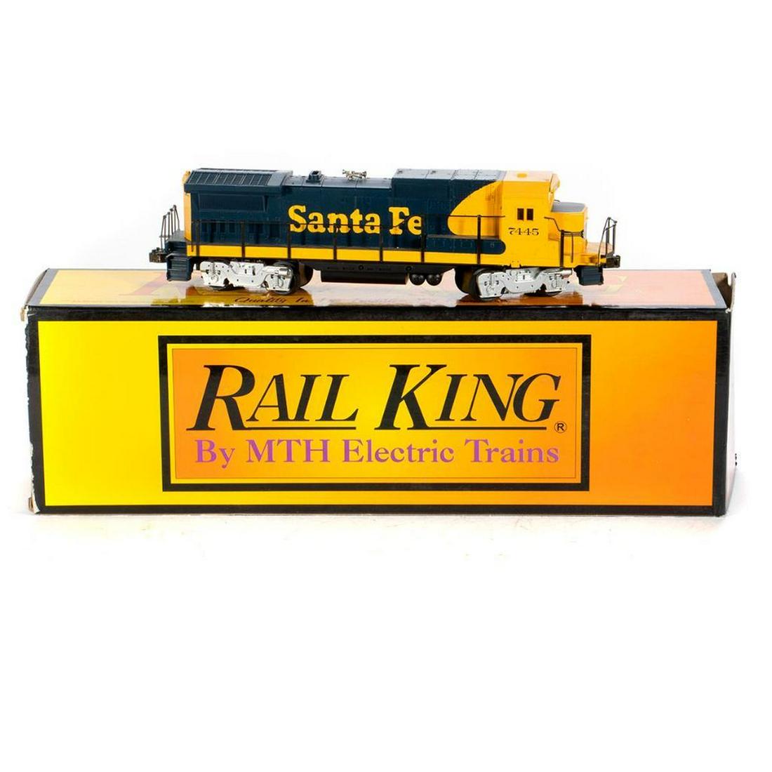 O Gauge MTH Railking Santa Fe Dash 8: MTH 30-2115-1 Santa Fe 7445 Blue and Yellow Dash 8 Diesel Locomotive with original packaging with shelf wear