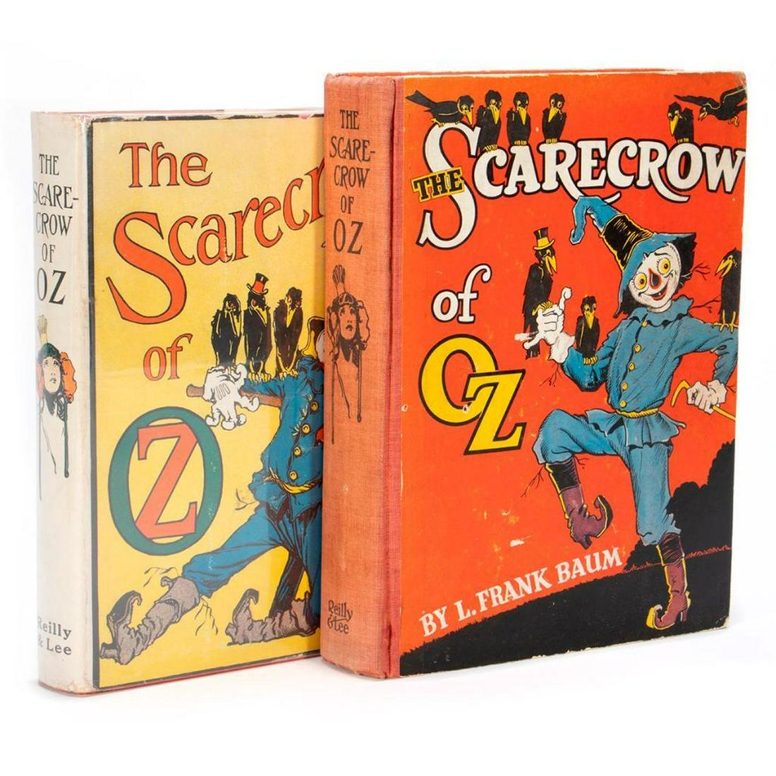 Two copies of the Scarecrow of Oz, one in Dust Jacket: Scarecrow of Oz by L. Frank Baum, illustrated by John R. Neill. Post 1935 edition without color plates but retaining the color plate on the cover. Original red cloth, pictorial dust jacket listing tit