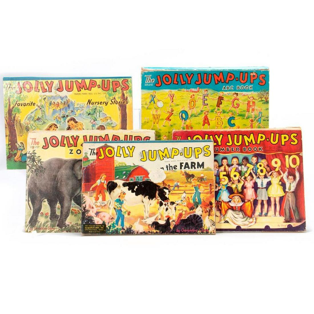 Set of 5 Jolly Jump-Ups pop-up book: The Jolly Jump-ups ABC Book by Geraldine Clyne, McLoughlin Bros 1943. Color illustrated boards with cloth spine. 6 colorful pop-ups. One pop-up needs repair, spine damaged. The Jolly Jump-ups Number B