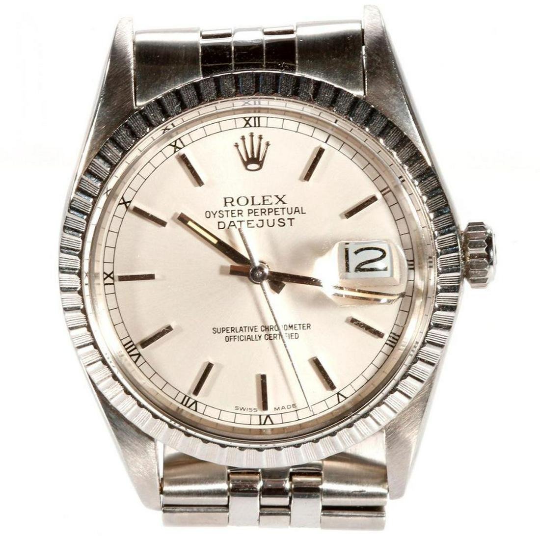 Rolex Oyster Perpetual Datejust Stainless Wristwatch: silver dial, date @ 3 o'clock, cyclops lens over dial, Jubilee bracelet, oyster clasp, stick hour markers, stainless fluted bezel, case 36mm. Currently running, not assessed for accuracy. Note: for th