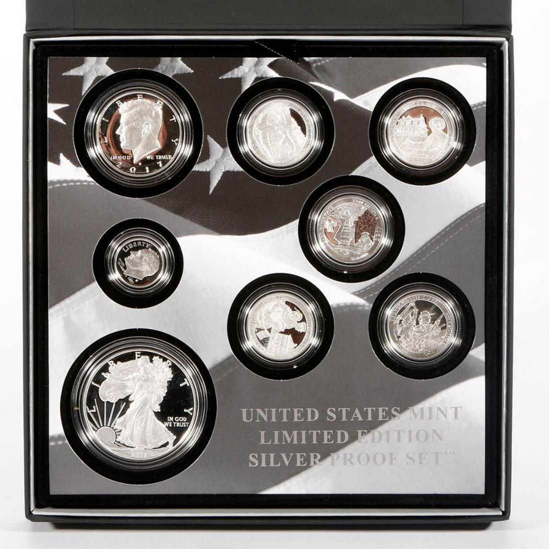 2017 United States Mint Limited Edition Silver Proof: (1) American Eagle One Ounce Silver Proof Coin. (5) Quarters from the America the Beautiful Quarters Program honoring Effigy Mounds National Monument in Iowa; Frederick Douglass National Historic Site
