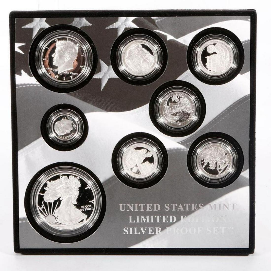 2017 United States Mint Limited Edition Silver Proof: (1) American Eagle One Ounce Silver Proof Coin. (5) Quarters from the America the Beautiful Quarters Program honoring Effigy Mounds National Monument in Iowa; Frederick Douglass National Historic Site