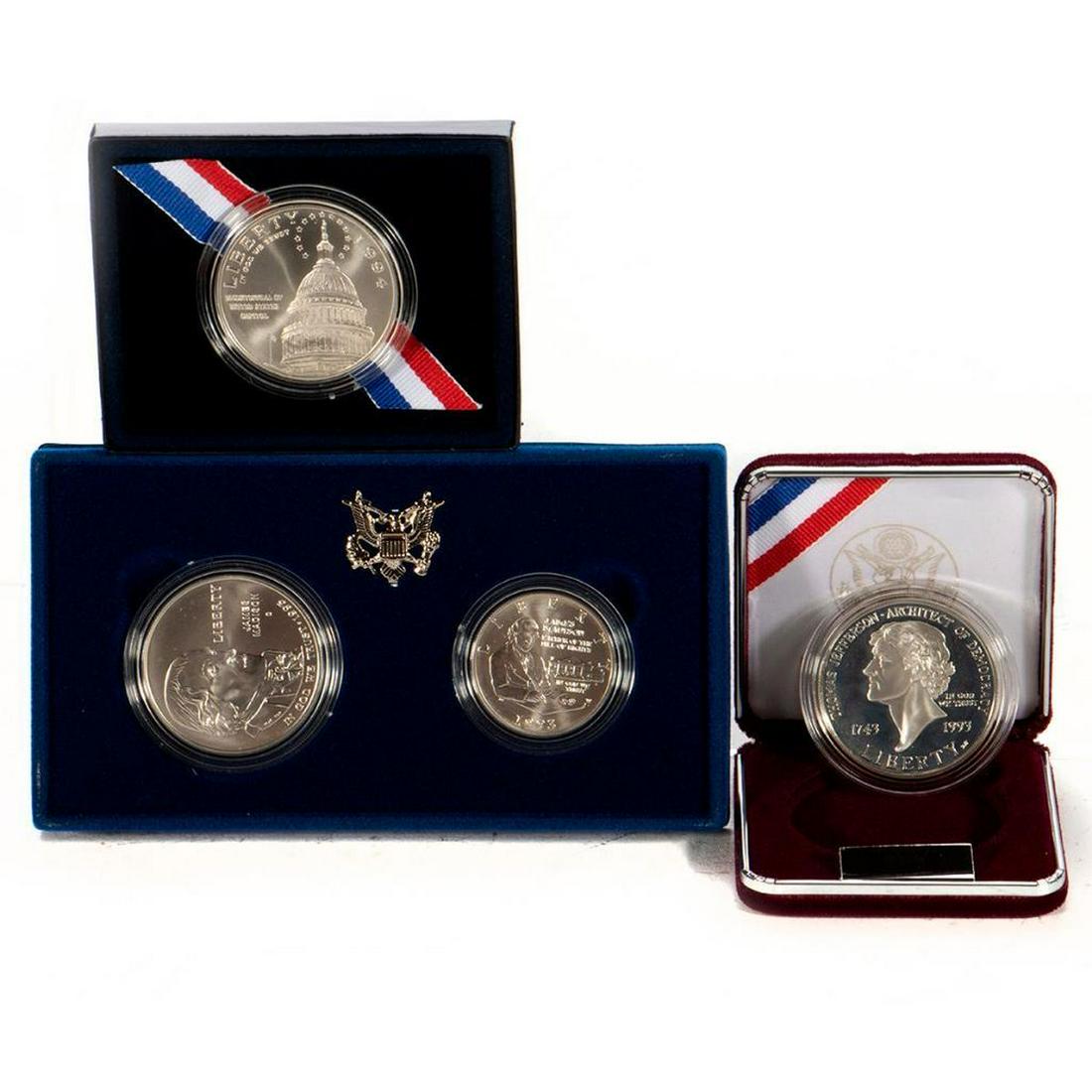 1993 Jefferson 250TH Anniversary Silver Dollar, 1993: (1) 1993 Jefferson 250TH Anniversary Silver Dollar, (1) 1993 Bill of Rights Two - Coin Set, (1) 1994 US Capitol Bicentennial Silver Dollar.
