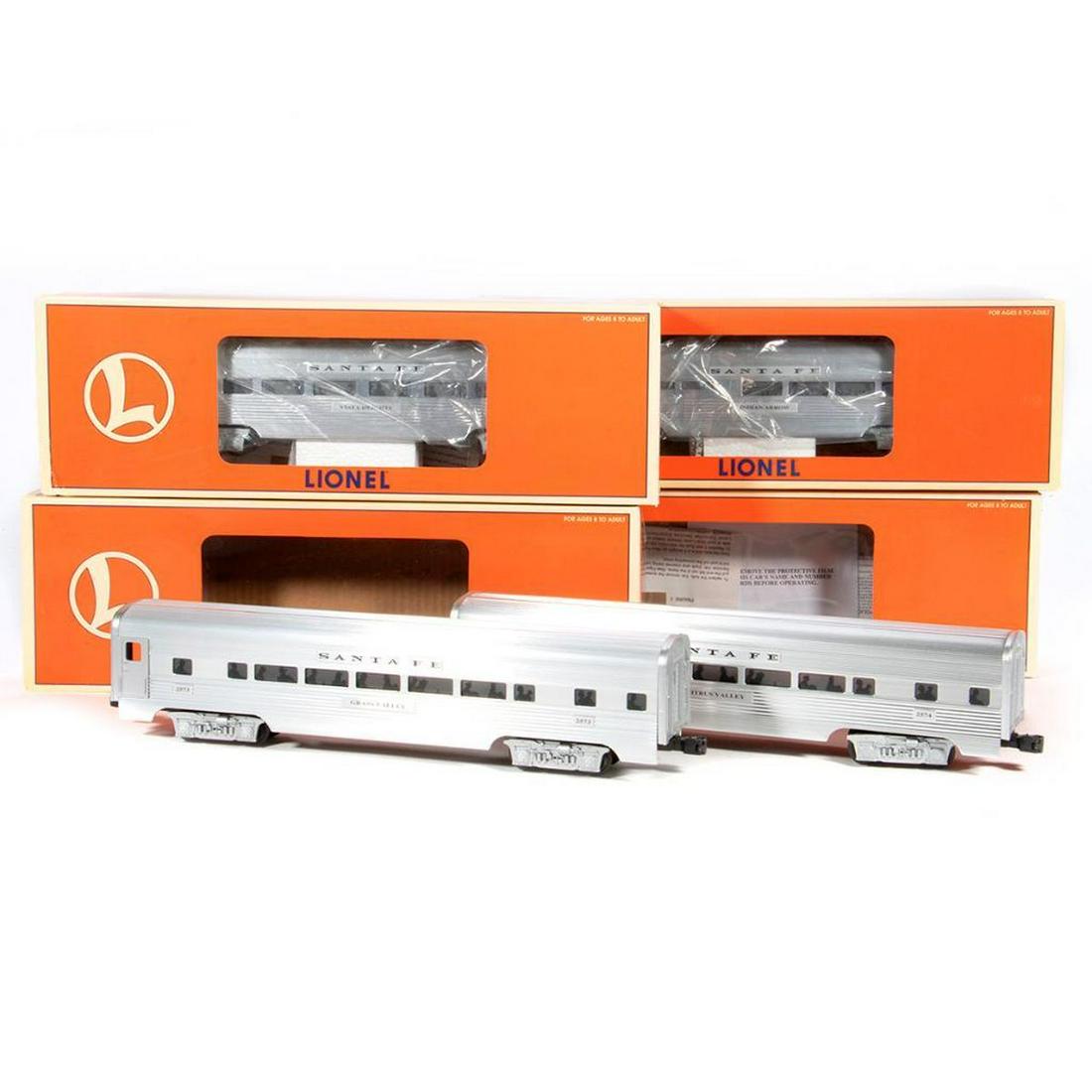 Lionel O Gauge (4) Santa Fe Aluminum Passenger Cars: 6-19179 2575 ATSF Vista Heights Observation Car; 6-19177 2573 ATSF Grass Valley Coach Car; 6-19176 2572 ATSF Indian Arrow Dining Car; 6-19178 2574 ATSF Citrus Valley Coach Car all with original boxes