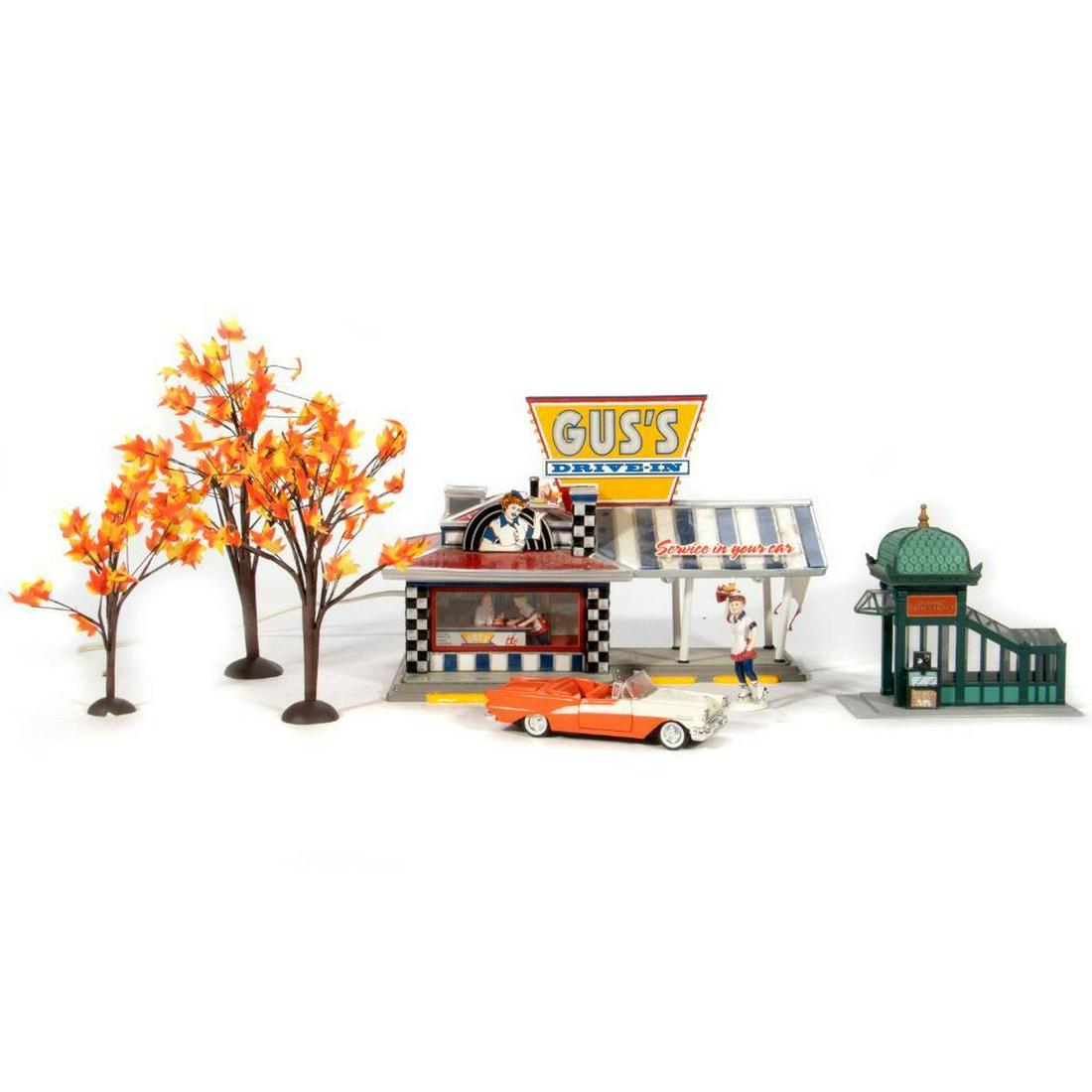 Department 56 Drive In, Trees, Subway Entrance: Drive in is lighted, car and waitress with damage; Fall colors trees; Subway Entrance
