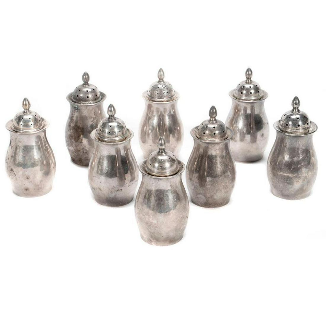 Porter Blanchard Sterling: Eight Porter Blanchard stamped sterling salt and pepper shakers. 4in. h. 708 grams total. Condition: All with some tarnish.