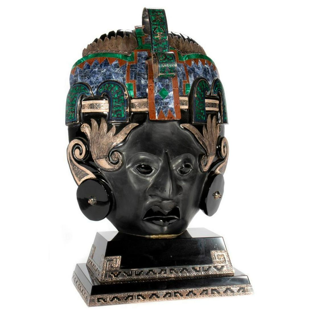 Malachite and Lapis Inlaid Stone Bust of Aztec God (1 of 7)