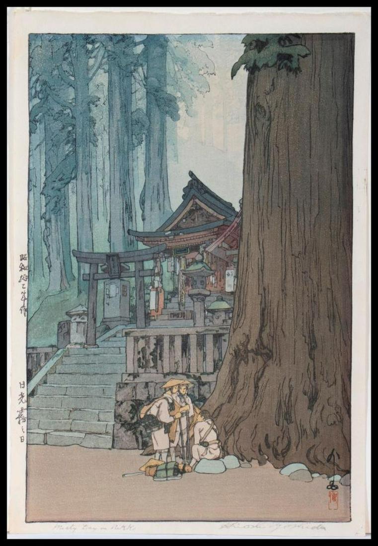 Hiroshi YOSHIDA (1876-1950): Hiroshi YOSHIDA (1876-1950). Title:Misty Day in Nikko (after 1937). Woodcut in colors. Size: 10 7/8 x 16 in.