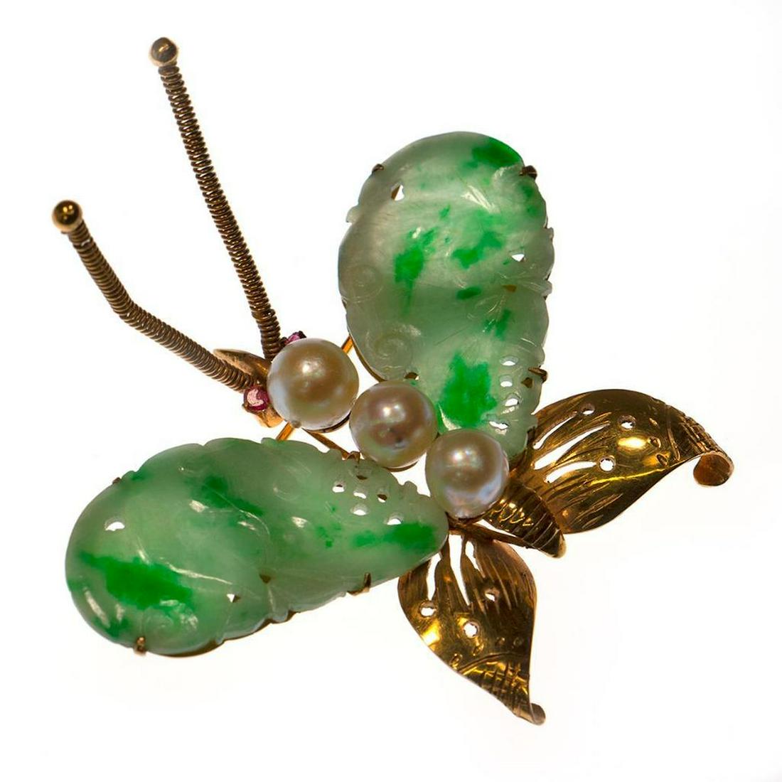 Jade, cultured pearl, ruby & 14k gold butterfly brooch (1 of 4)