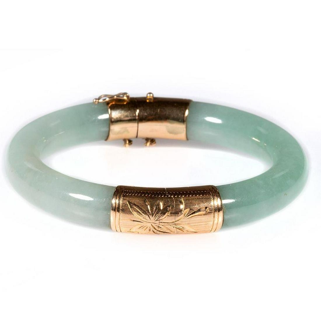 Jade and 14k gold hinged bangle bracelet (1 of 5)
