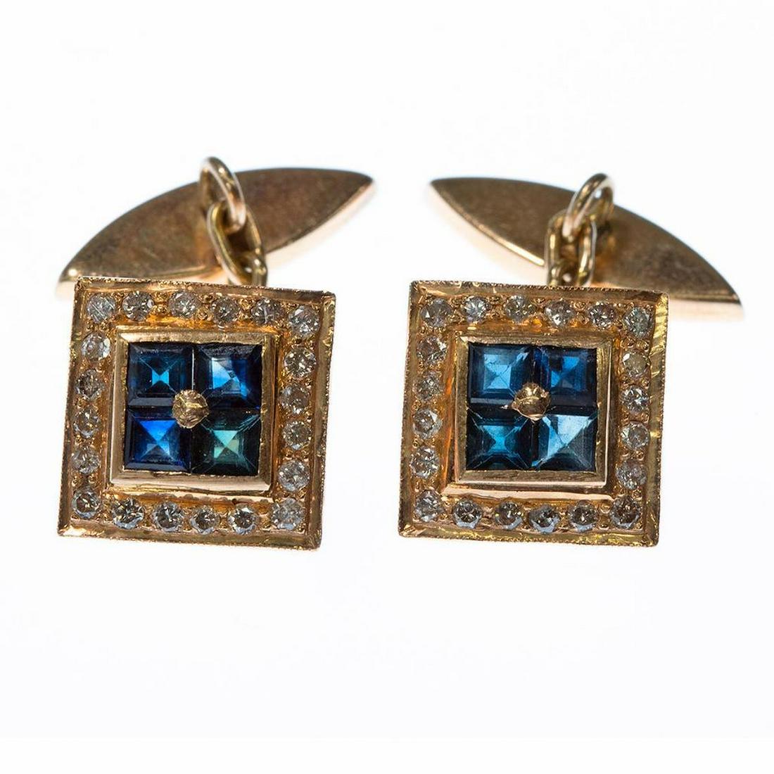 Pair of sapphire, diamond, 14k gold cufflinks (1 of 2)