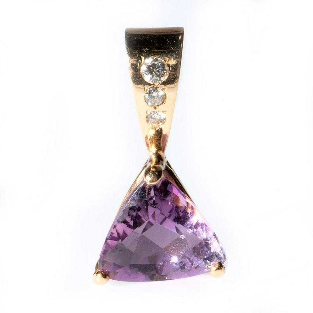 Amethyst, diamond and 14k gold pendant: the triangular-cut amethyst measuring 13.2 x 13.0 x 8.7mm, with the bail flush-set with 3 round brilliant-cut diamonds weighing together approximately 0.17ct., G-H/VS; weighing 5.0 grams; length: 1 1/