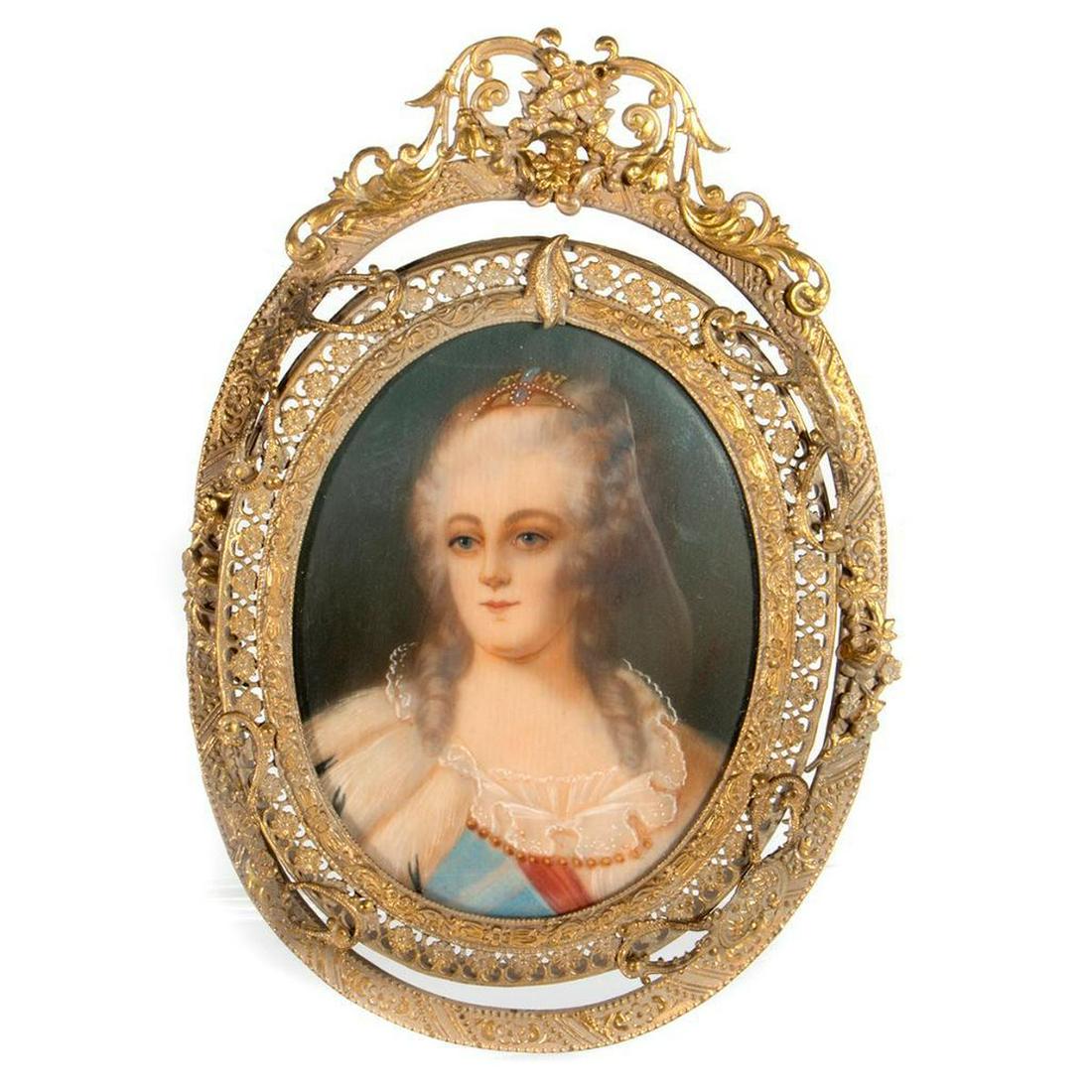 19th Century Portrait Miniature: Depicting a Lady of Title wearing a tiara and ermine cloak within a gilt frame. After Joshua Reynolds 5 1/2in. h. 4in. w. Condition: very good.