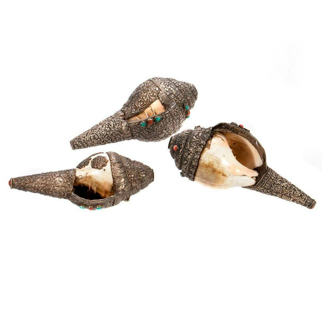 Tibetan Silver Encased Conch Shell Trumpets (1 of 8)