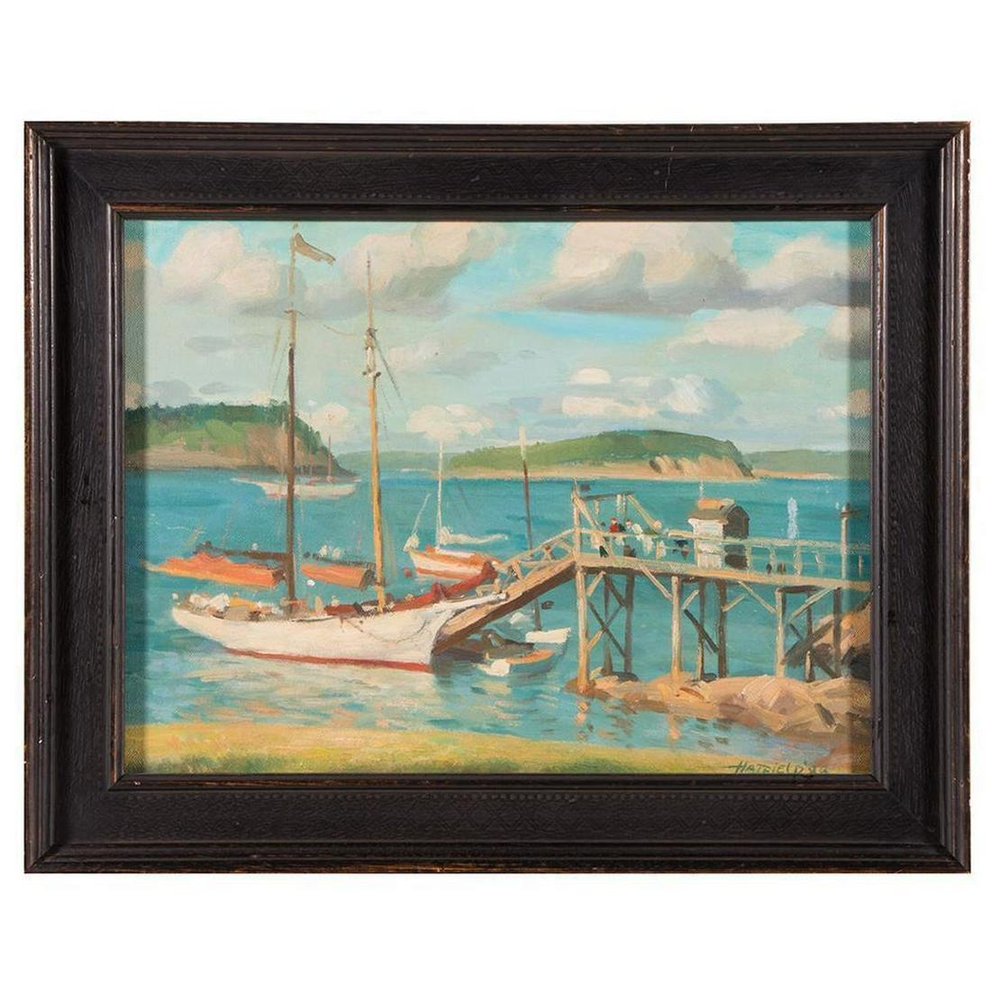 David Hatfield (American, b. 1940): David Hatfield (American, b. 1940) Title: Bar Habor Medium: Oil on canvasboard. Signed: lower right and dated '88' Size: 12 x 16 in. Frame: 15 1/2 x 18 1/2 in. Created: 1988 Condition: In excellent co