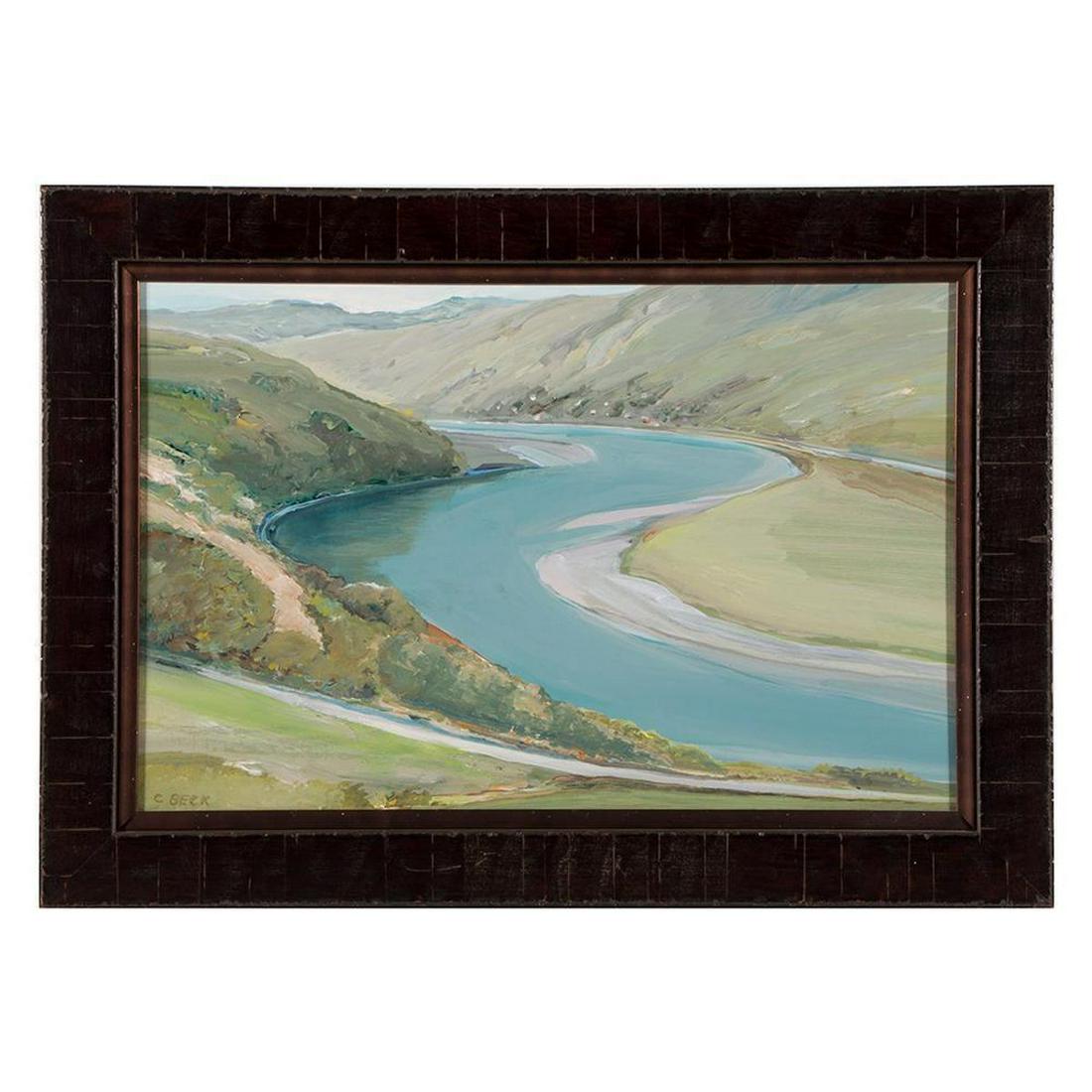 Charles Beck (American, 20th/21st Century): Charles Beck (American, 20th/21st Century) Title: Russian River Medium: Acrylic on canvas affixed to board Signed: Lower left and signed, titled and dated '2003' on the reverse Size: 11 1/2 x 17 3/4 i