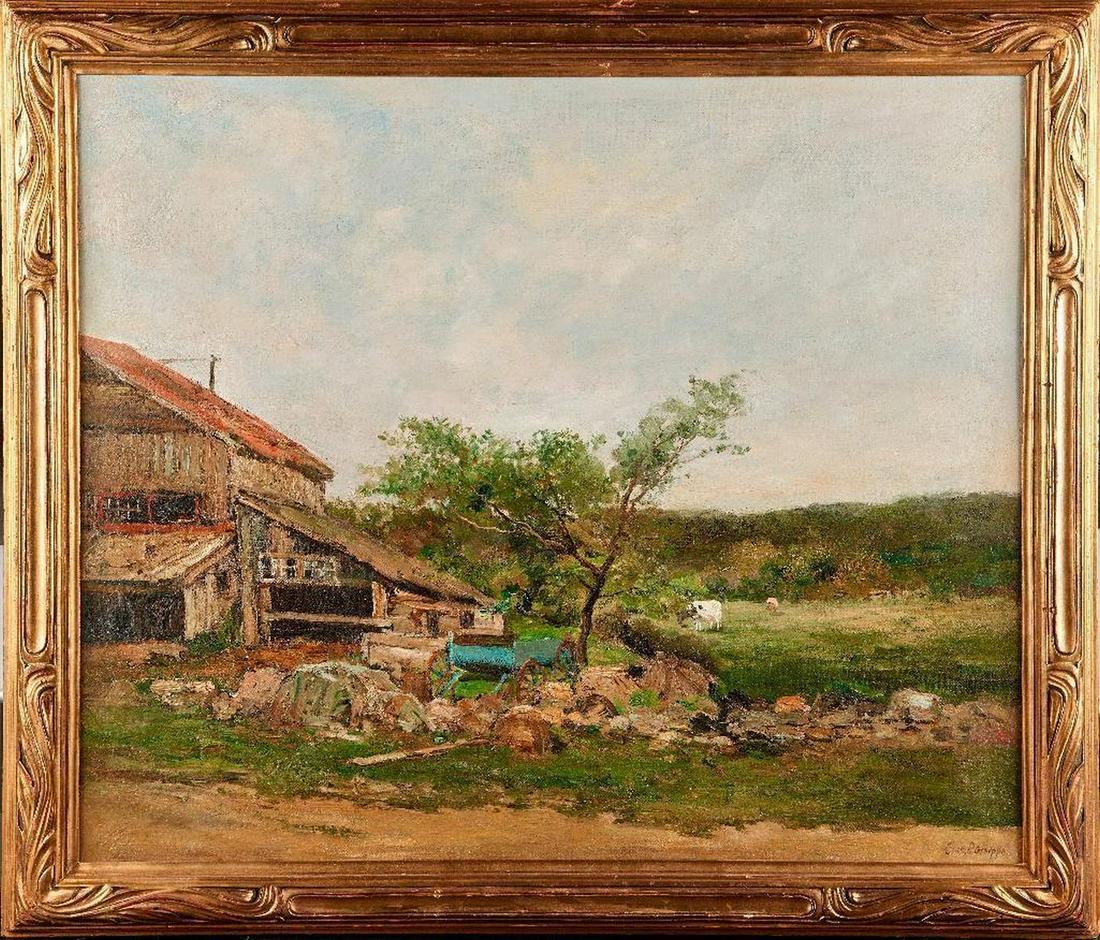 Charles Paul Gruppe (American, 1860-1940): Charles Paul Gruppe (American, 1860-1940) Title: Farm House Scene Medium: Oil on canvas Signed: Lower right Size: 25 1/4 x 20 1/4 in. Frame: 29 1/2 x 34 1/2 in. Condition: In very good condition. Mino