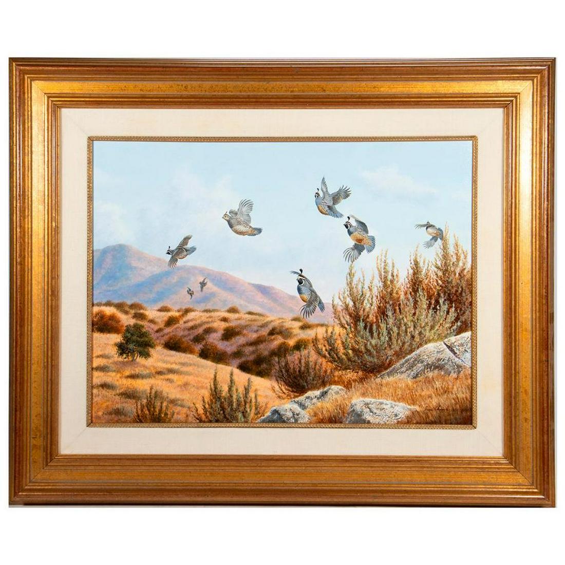 David Chapple ( American, b. 1947): David Chapple ( American, b. 1947) Title: California Quail Medium: Oil on canvas Signed: Lower right Size: 18 x 24 in. Frame: 27 1/2x 33 1/2 in. Condition: In excellent condition. No apparent problems