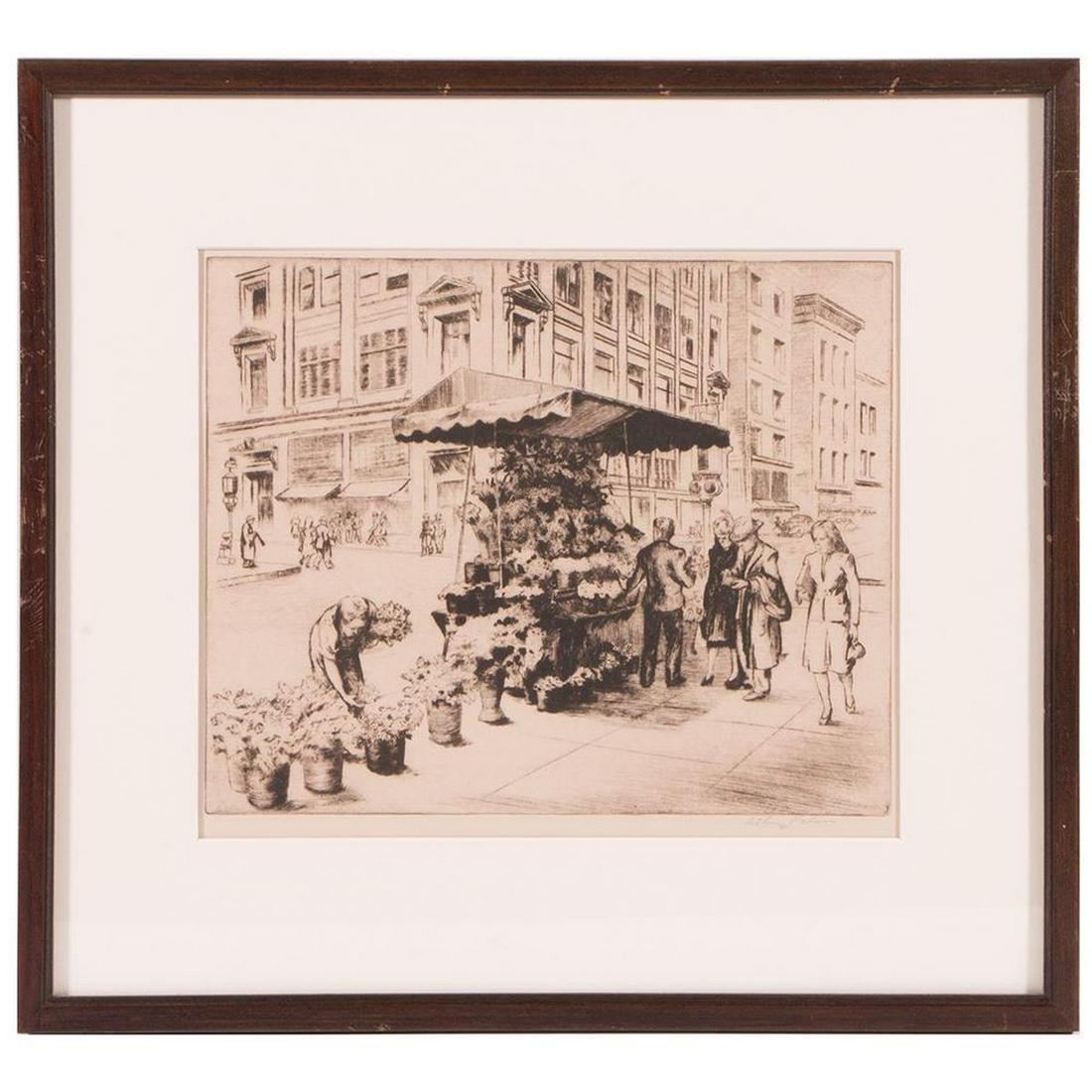 Arthur Palmer (20th Century): Arthur Palmer (20th Century) Title: Street Florist, San Francisco Medium: Etching Signed: Lower right Size: Plate: 7 3/4 x 10 in. Frame: 13 3/4 x 15 1/4 in. Condition: In apparently good condition. Th