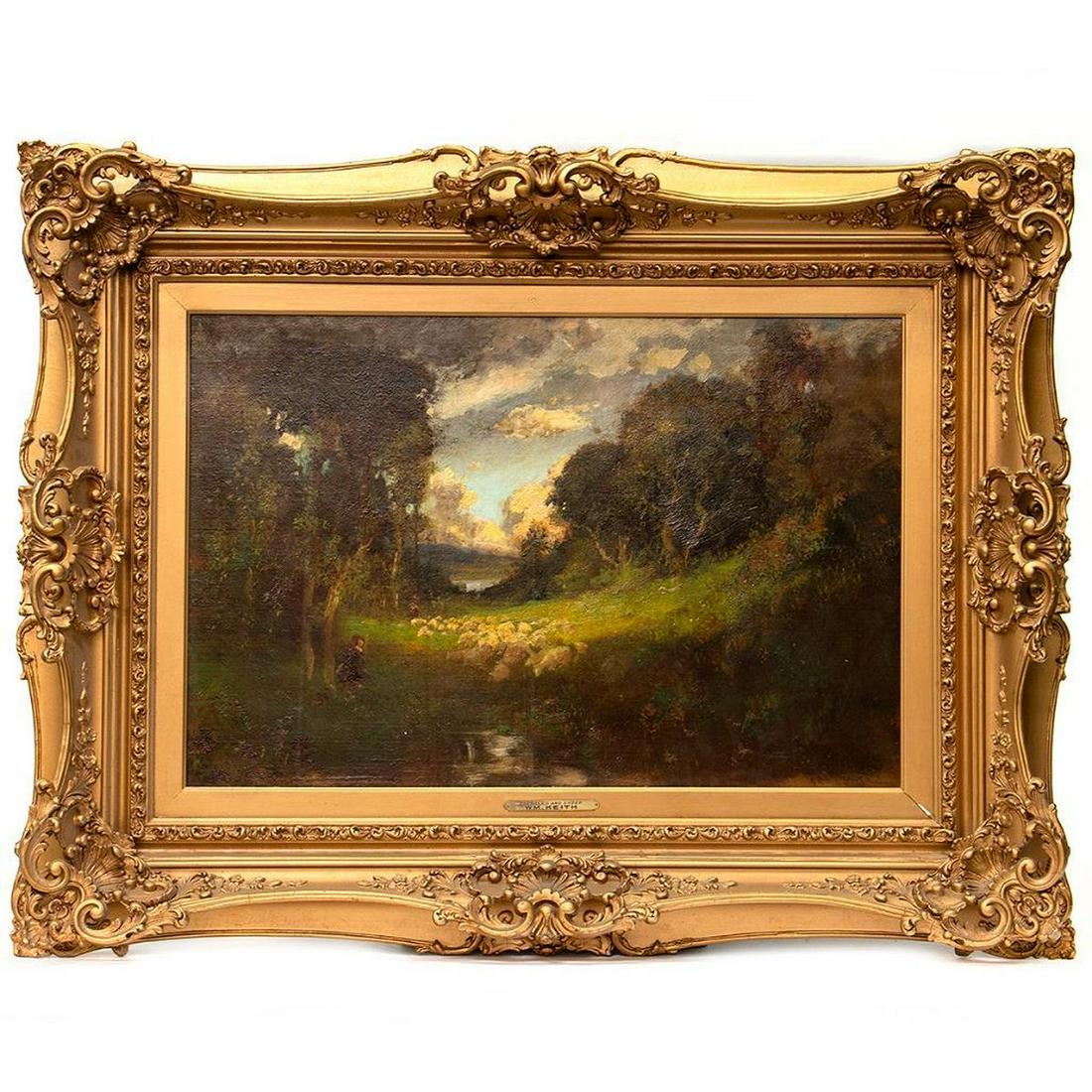 William Keith (American, 1838-1911): After William Keith (American, 1838-1911) Title: Shepard and Sheep Medium: Oil on canvas Signed: Bears signature lower right and inscribed 'S.F.' Size: 20 1/4 x 30 1/4 in. Frame: 33 1/4 x 43 1/4 in. C