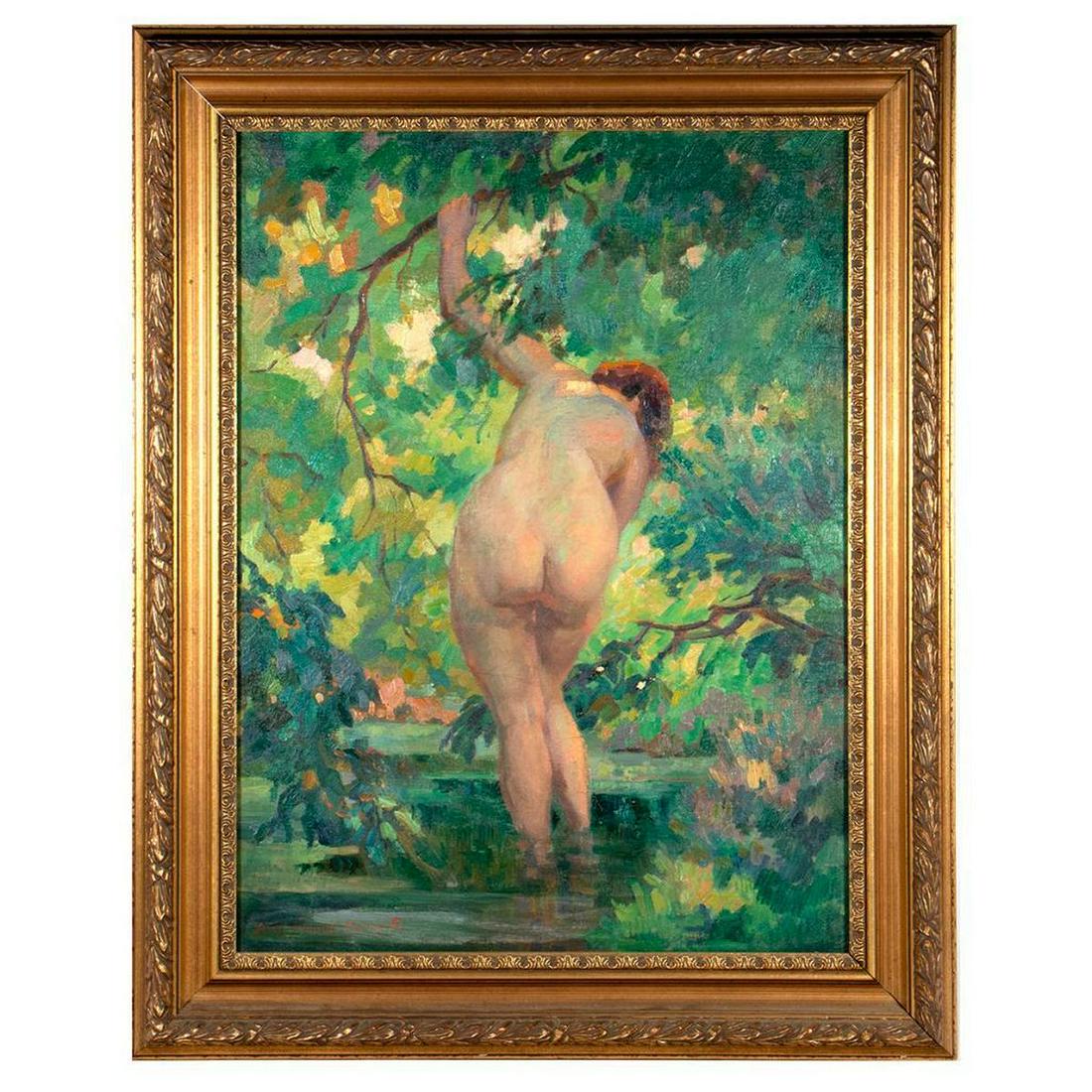 Jules Francois Bernard (French, 20th Century): Jules Francois Bernard (French, 20th Century) Title: Nude Bathing in a Verdant Lake Medium: Oil on canvas Signed: Lower left Size: 24 1/4 x 18 1/4 in. Frame: 29 1/2 x 23 1/2 in. Condition: In good con