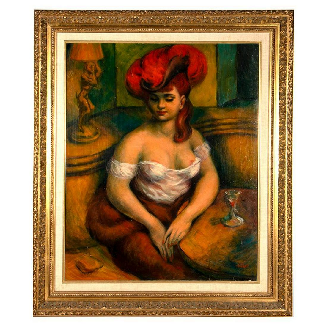 Abel George Warshawsky (American, 1883-1962): Abel George Warshawsky (American, 1883-1962) Title: The Red Feather Medium: Oil on masonite Signed: On the reverse and initialed lower right Size: 22 x 17 in. Frame: 27 1/2 x 23 1/2 in. Condition: In
