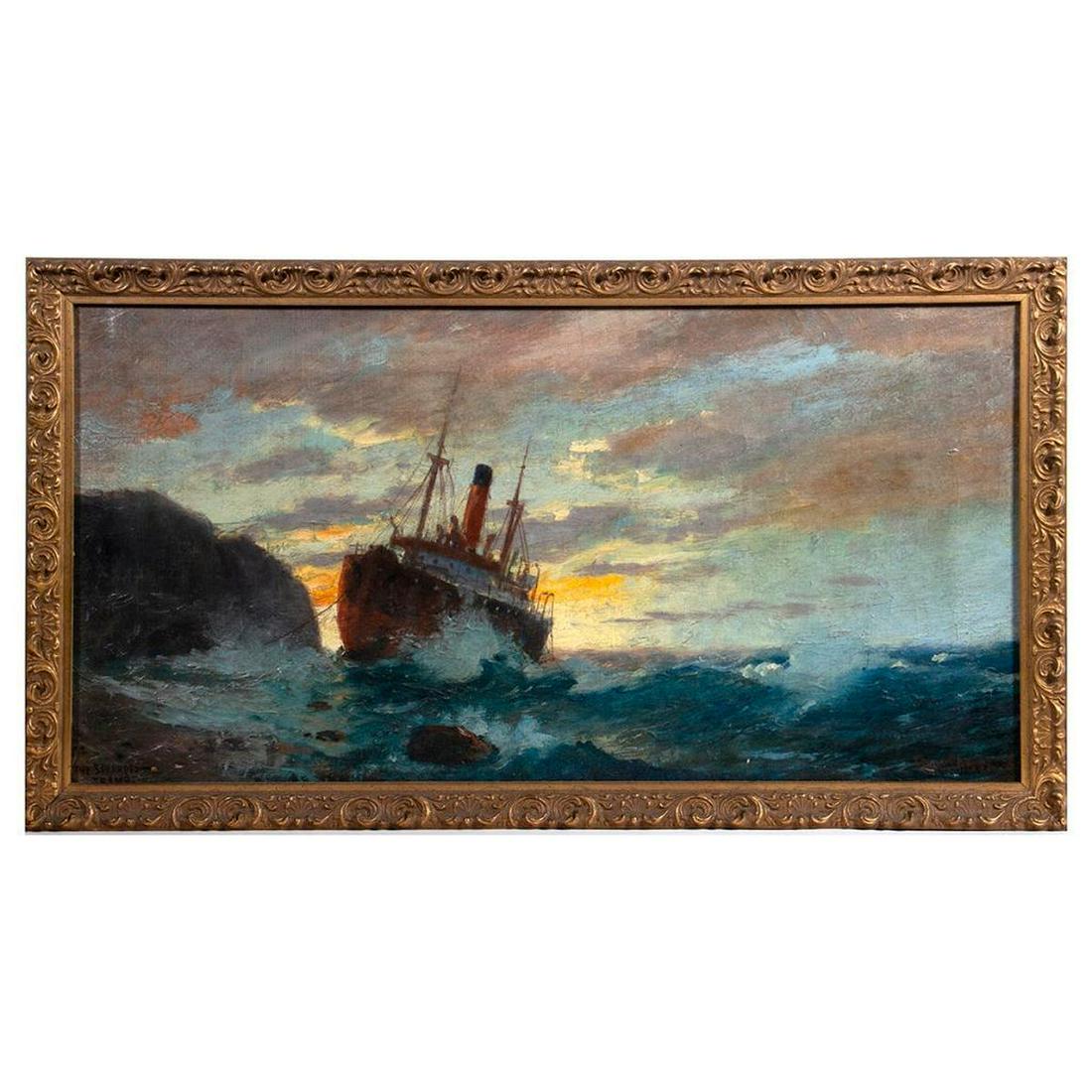 Frederick Pansing (German/American, 1844-1912): Frederick Pansing (German/American, 1844-1912) Title: The Stranded Tramp Medium: Oil on canvas Signed: Lower right and titled lower left Size: 11 x 22 in. Frame: 12 1/4 x 23 1/4 in. Condition: In fair