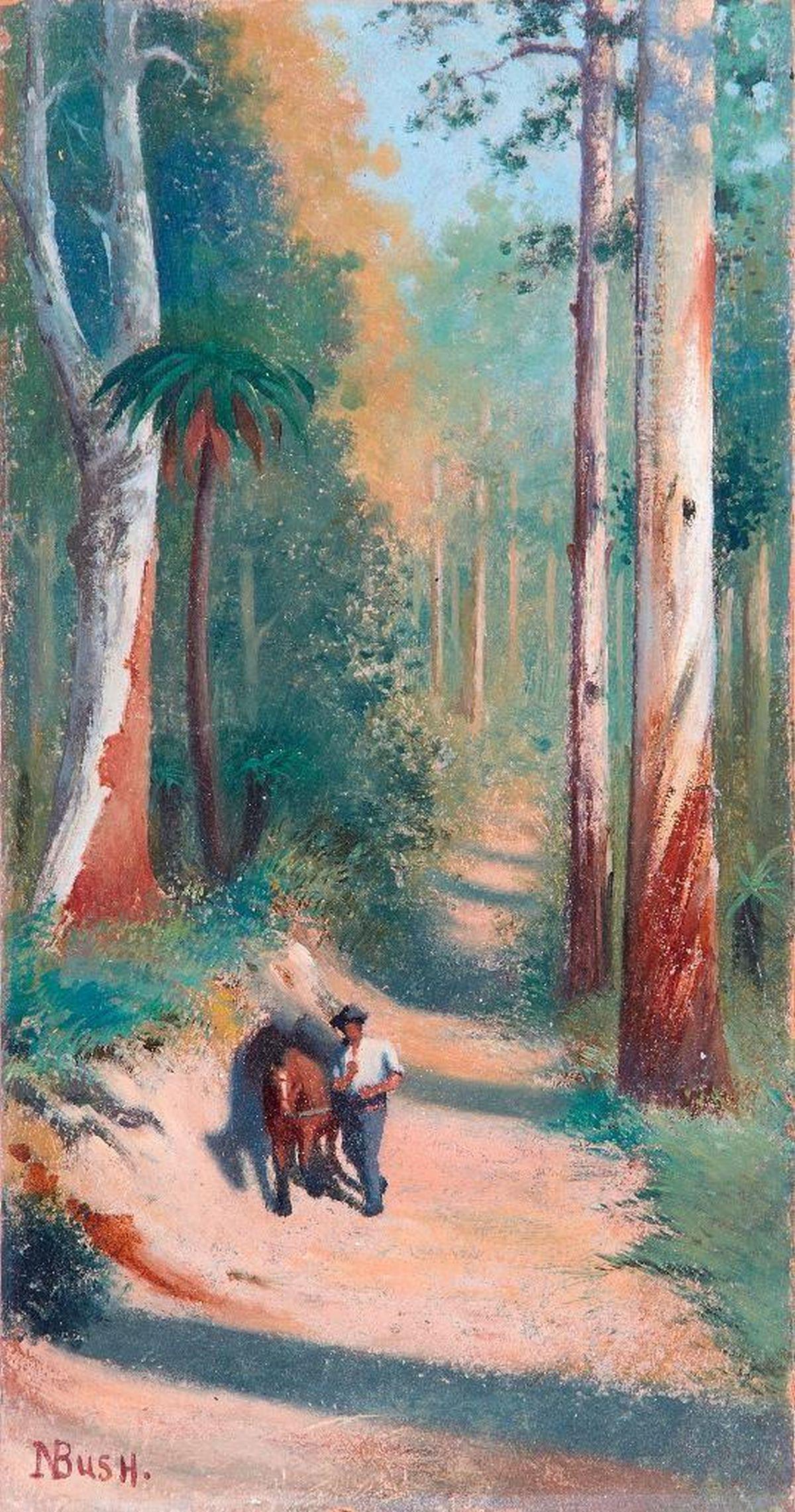 Norton Bush (American, 1834-1894): Norton Bush (American, 1834-1894) Title: Man and Horse on a Country Lane Medium: Oil on board Signed: Lower left Size: 10 x 5 1/4 in. Unframed Condition: In good condition. Minor abrasion to the edges
