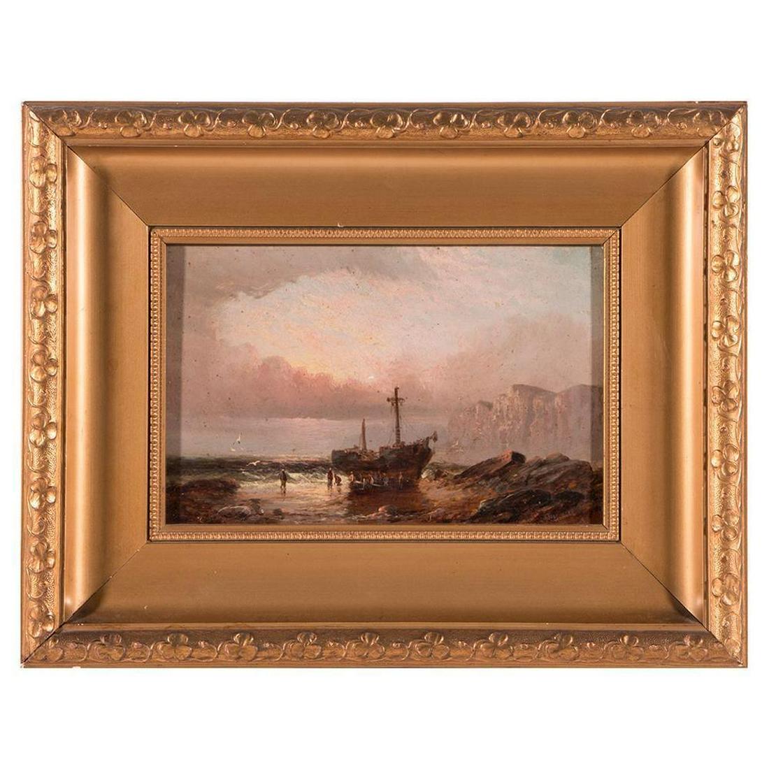 Thought to be Lester George Hornby (American,: Thought to be Lester George Hornby (American, 1882-1956) Title: Shipwreck at Dusk Medium: Oil on board Signed: Lower right Size: 6 x 9 in. Frame: 11 x 14 in. Condition: In good condition. Surface soil