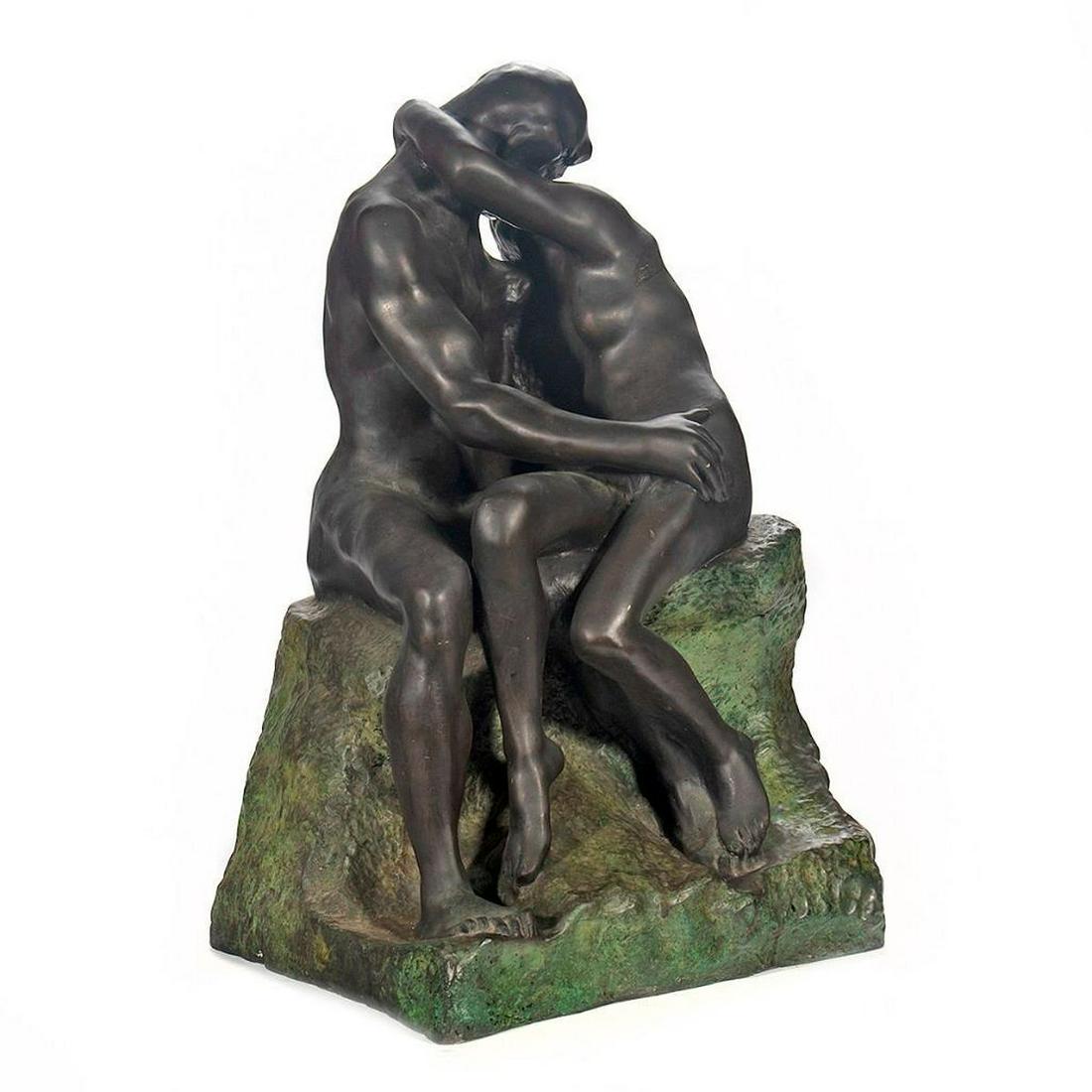 After Auguste Rodin (French, 1840-1917): After Auguste Rodin (French, 1840-1917) Title: The Kiss (Le Baiser) Medium: Bronze with black and green patina Signed: Inscribed 'A Rodin' near the base on one side and inscribed 'F. Barbedienne. Foun