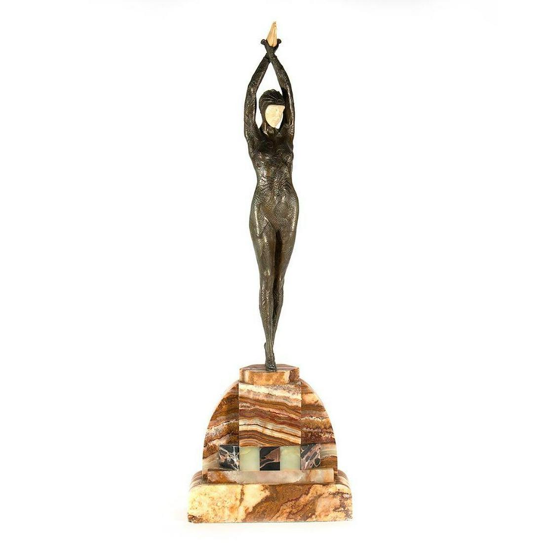 After Dimitri Haralamb Chiparus (Romanian, 1886-1946): After Dimitri Haralamb Chiparus (Romanian, 1886-1946) Title: Etoile de Mer (Starfish) Medium: Bronze with green and brown patina and French ivory on a marble and onyx base Signed: Inscribed D.H. Chipa