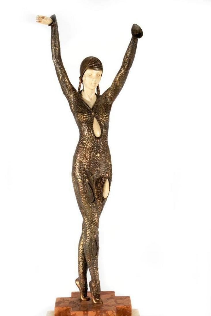 After Dimitri Haralamb Chiparus (Romanian, 1886-1946): After Dimitri Haralamb Chiparus (Romanian, 1886-1946) Title: Dourga Medium: Bronze with yellow, gold and red patina and French ivory on a marble and onyx base Signed: Inscribed 'D.H. Chiparus' on the 