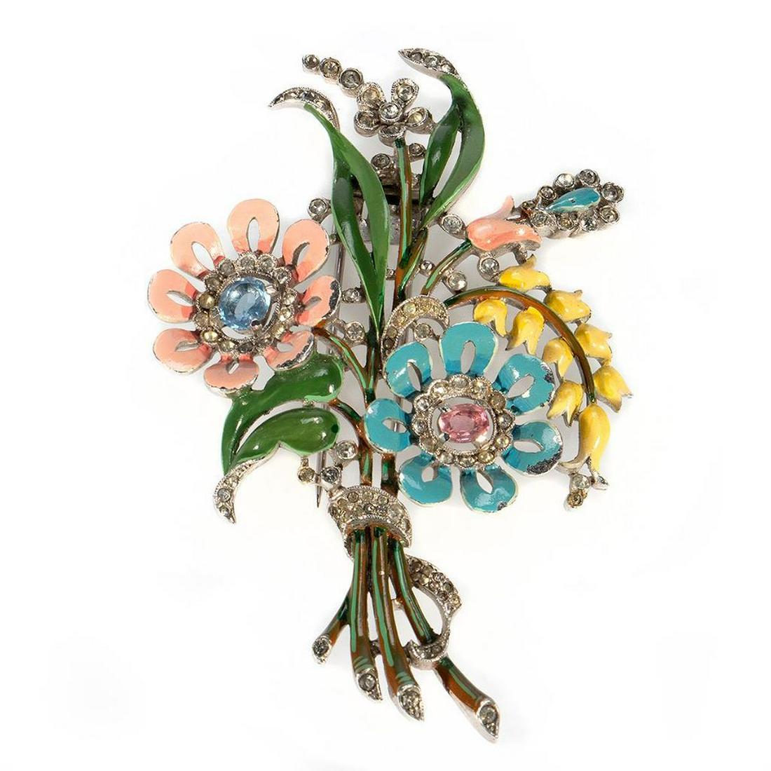 Vintage Trifari Crown enamel and rhinestone brooch: bouquet motif, measuring approximately 3 1/2 x 2 1/4in; good condition overall, some loss to enamel, wear commensurate with age