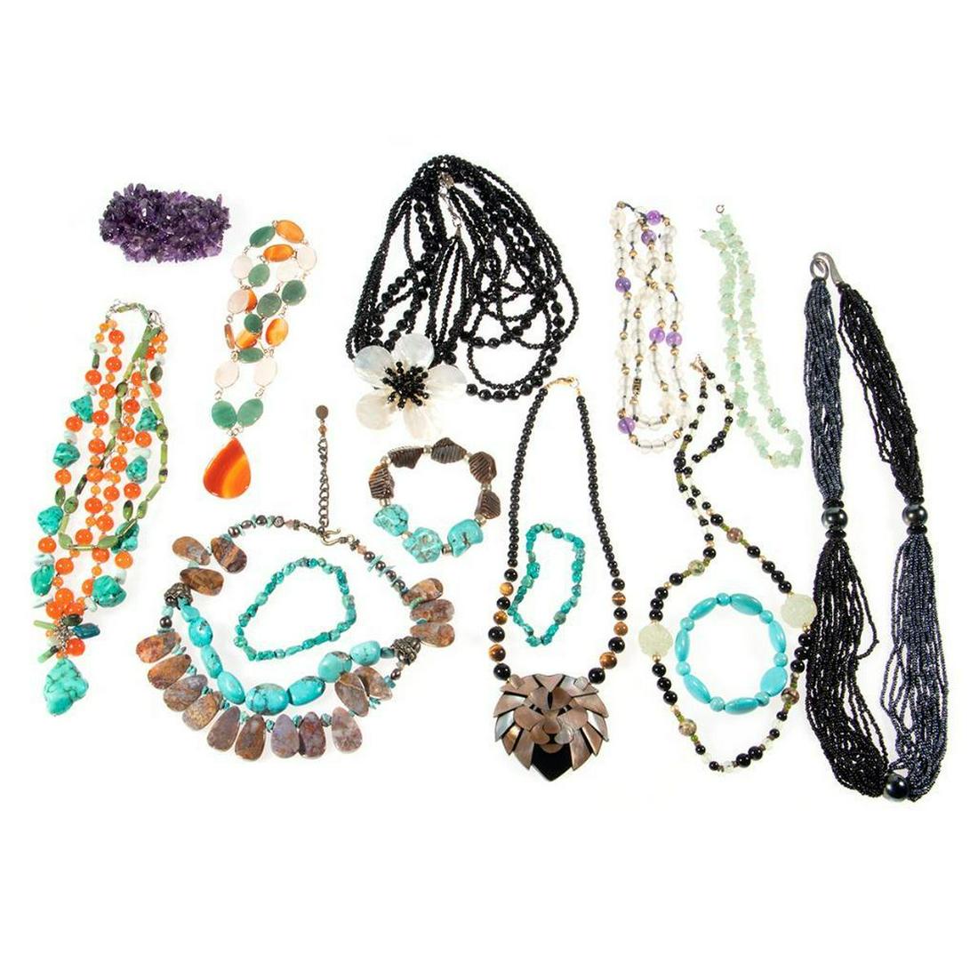Collection of beaded, silver and metal jewelry: including amethyst, jade, hematite, onyx, pearl and turquoise; comprising 17 necklaces, 6 bracelets and 8 pairs of earrings