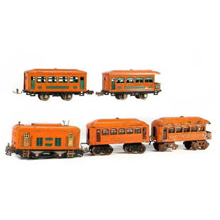 Lionel train cars: Lionel 248 Orange Locomotive, 603 Orange Pullman, 604 Orange Observation, 629 Orange Pullman, 630 Orange Observation. Locomotive missing headlight. Whistle has been moved to headlight position.
