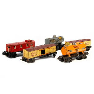 Lionel train cars: Lionel 2654 Shell Tank Car, 2654 Sunoco Tank Car, 1679 Baby Ruth Box Car, 2679 Baby Ruth Box Car, 2682 Caboose 2654 Shell Tank Car. Missing hand rails and stanchions.ladders and domes present, one