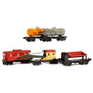 Lionel train cars: Lionel 3659 Dump Car, 2654 Shell Tank Car, 2654 Sunoco Tank Car, 2660 Crane Car, 2657 Caboose 3659 Dump Car with red bin. Wiring is frayed. One pickup shoe, one pick up contact. Trucks and wheel sets