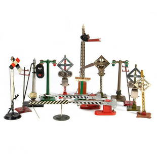 Train Accessories: 69 Lionel bell crossing green, 69 Lionel bell crossing green, 69 Lionel bell crossing red - repaint, Lionel Standard Gauge semaphore, German manual semaphore, American Flyer dual lamp post, American