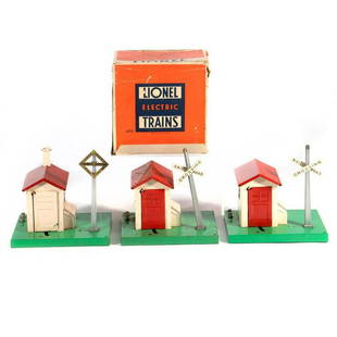Lionel train accessories: Lionel Number 45 Automatic Gateman with chimney, diamond crossing sign, Number 45N Automatic Gateman with original box, Number 45N Automatic Gateman with Crossbuck 45 Automatic Gateman with Diamond
