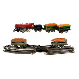 Joy Line (Marx) Red windup Loco: Joy Line (Marx) Red windup Loco, built in key, ringing bell, copper domes and headlight ferrule,, black four wheel Tender, 357 green litho coach with orange roof, 357 green litho coach with orange