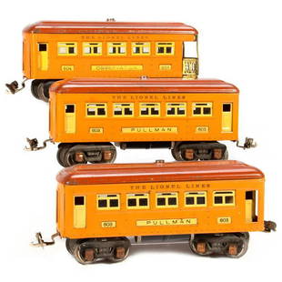 Lionel 603 Pullman, 603 Pullman, 604 Observation: 603 Pullman. Terra cotta roof, orange body, yellow trim. Window glazing intact. Copper journals, Scratches and wear to the paint. Dirt. 603 Pullman. Terra cotta roof, orange body, yellow trim. Window