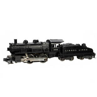 Lionel 1615 0-4-0 Switcher and Tender: 1615 Locomotive. Handrails, marker lights intact. "Frame" around front coupler is bent, otherwise light wear. Lionel Lines slope back tender light wear.