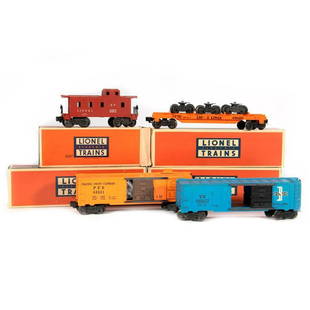 Lionel train cars: Lionel 6464475 Boston and Maine Box Car, 6362 Flat Car with 3 Trucks, 6352 PFE Reefer with bag of 5 ice cubes, 6257 Southern Pacific Caboose 6464475 Blue Boston and Maine Box Car. Roof walks, brake
