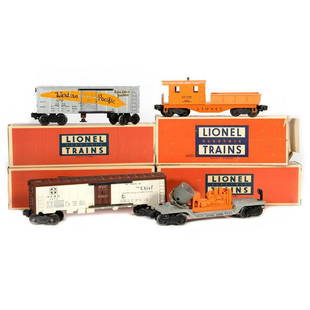 Lionel train cars: Lionel 6520 Searchlight Car, 3474 Western Pacific Operating Box Car, 6119-25 DLW Work Caboose 6520 Lionel Lines Searchlight Car. Searchlight housing bracket is loose from the chassis. Brake wheel,
