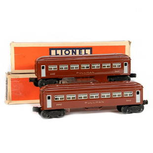 Lionel 2442 Brown Pullman, 2442 Brown Pullman: 2442 Brown Pullman with silver windows and doors. Some scuffs and edge dings in paint. Trucks, couplers, coupler shoes - intact. Original box missing flaps. 2442 Brown Pullman with silver windows and