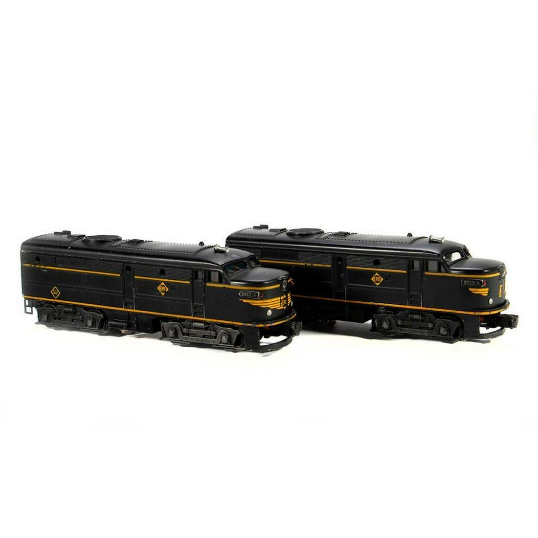 Lionel 2032 Erie Diesel Locomotive Powered Unit, 2032: 2032 Black Erie Alco Locomotive Power Unit, Roof has paint damage one edge and paint wear on high features. Front decal is damaged. Front skirt around coupler is intact. Trucks and couplers intact. Ba